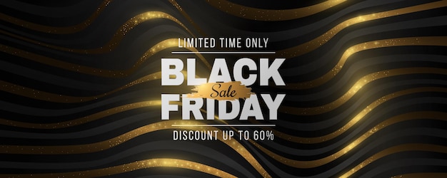 Black Friday Sale futuristische banner. Abstracte, 3D, gouden, glinsterende golfvormen achtergrond. Mode reclame promotie sjabloon. Commercieel kortingsevenement. Vector zakelijke illustratie. EPS-10.