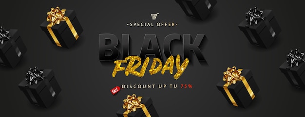 Vector black friday sale. golden text lettering on realistic black gift boxes.