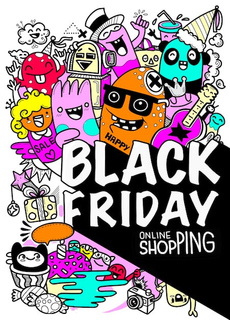 黒い金曜日販売手描きの概念図。黒い金曜日販売手レタリングと落書き要素とシンボルの背景。