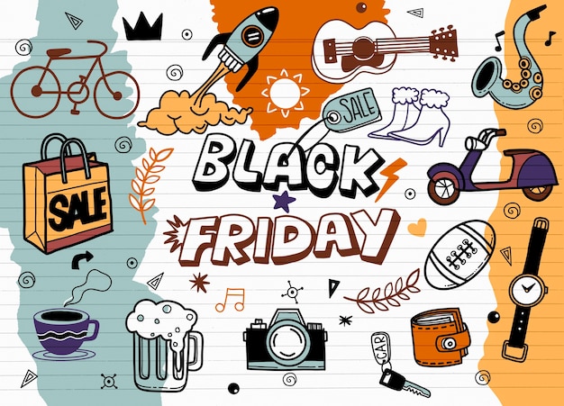 Disegnato a mano di vendita del black friday, illustrazione di concetto, elementi di scarabocchi.