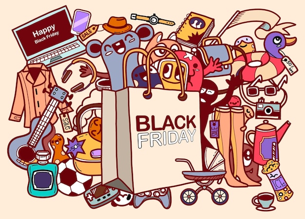 Black Friday sale hand lettering and doodles elements background. 