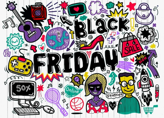 Black friday sale hand lettering and doodles elements background.