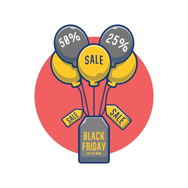 Vector black friday sale hanging tag and balloon cartoon illustration