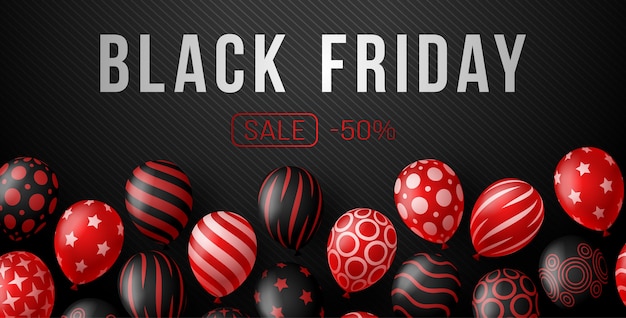 Banner orizzontale di vendita del black friday con palloncini lucidi rossi e scuri