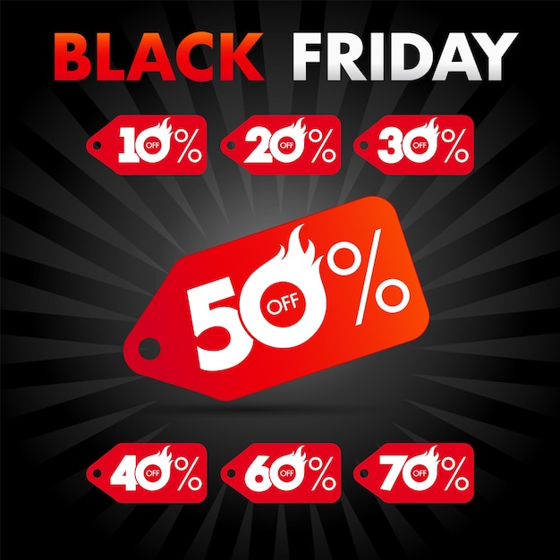 Set di icone di vendita del black friday. 50 percento di sconto sul rosso, sul design di etichette o adesivi. numero di creatività.