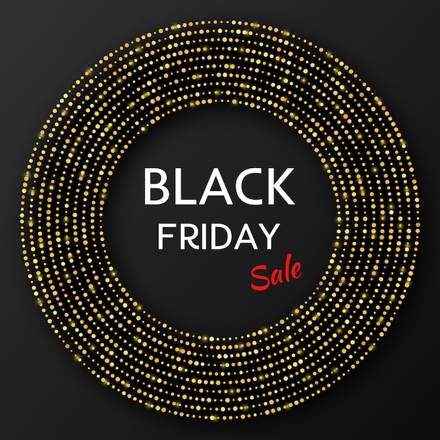 Black friday sale inscription on gold glowing halftone dotted circle vector illustration