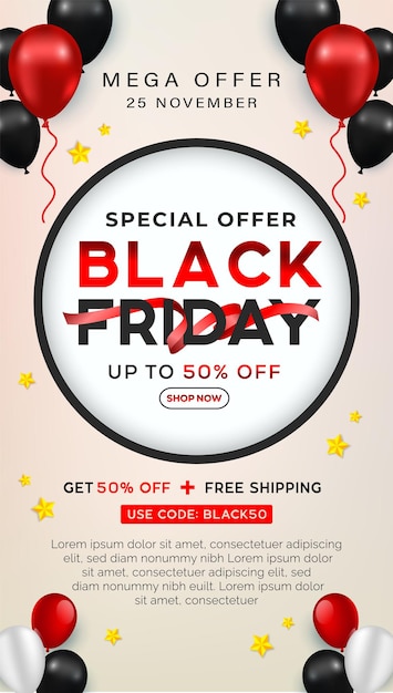 Post di storia di instagram di vendita del black friday con palloncini su sfondo bianco grigio