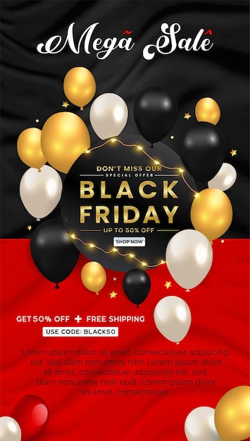 Black Friday sale Instagram story post by black, golden,white balloons red black background