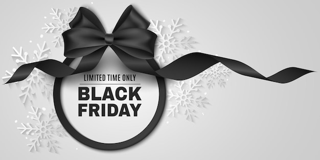 Etichetta di vendita del black friday. fiocco e nastro riccio con cartellino. banner vettoriale per pubblicizzare le tue promozioni aziendali. copertina aziendale per annuncio. evento di sconto commerciale. fiocchi di neve di carta bianca