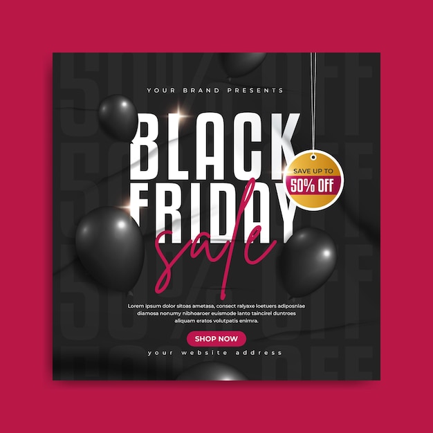 Vettore post di social media di marketing di vendita del black friday o banner web con palloncino realistico