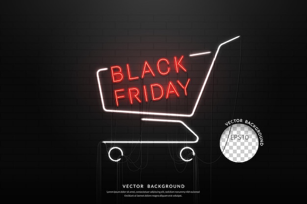 Black Friday Sale neon shopping cart sign on brickwall texture Vector illustration