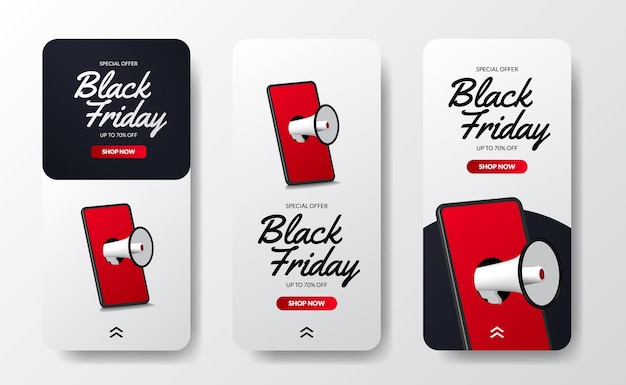 La vendita del black friday offre una promozione di sconti per storie di social media con telefono e megafono