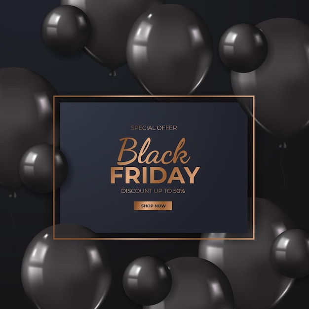 Vettore banner di sconto promozione offerta vendita venerdì nero con palloncino volante nero realistico 3d elegante di lusso