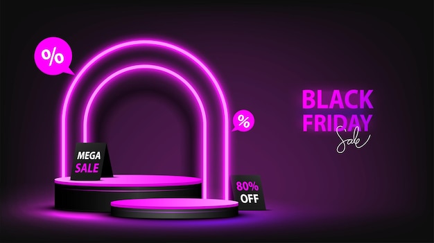 Black Friday Sale Podium with pink neon lighting and sale label elements Pedestal scene