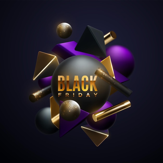 Black friday sale poster design with abstract 3d shapes vector illustration commercial discount event banner golden black friday sign with black golden and purple glittering geometric shapes