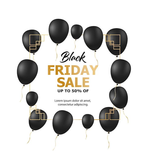 Black Friday Sale Poster met glanzende ballonnen op witte achtergrond met vierkante Frame. Vector illustratie.