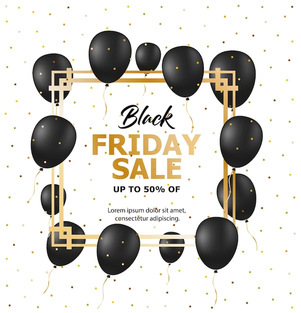 Black Friday Sale Poster met glanzende ballonnen op witte achtergrond met vierkante Frame. Vector illustratie.