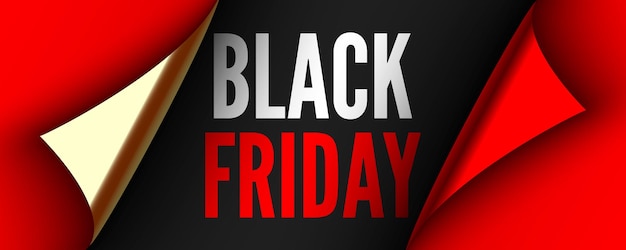 Poster di vendita del black friday nastro rosso con bordi curvi su sfondo nero adesivo