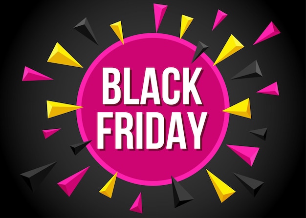 Black friday  sale poster template with flying pink and yellow  triangular pyramids