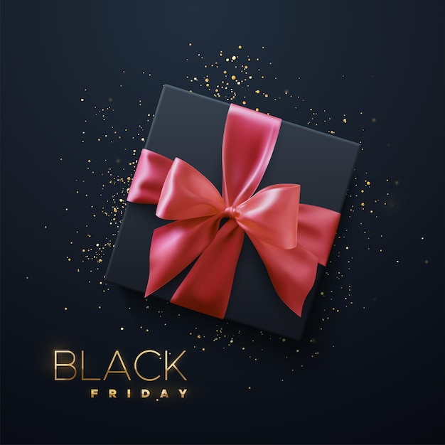 Black Friday sale poster with black gift box and golden sign