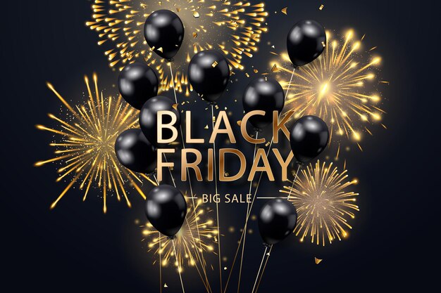Black friday sale poster with realistic balloons fireworks and confetti on black background