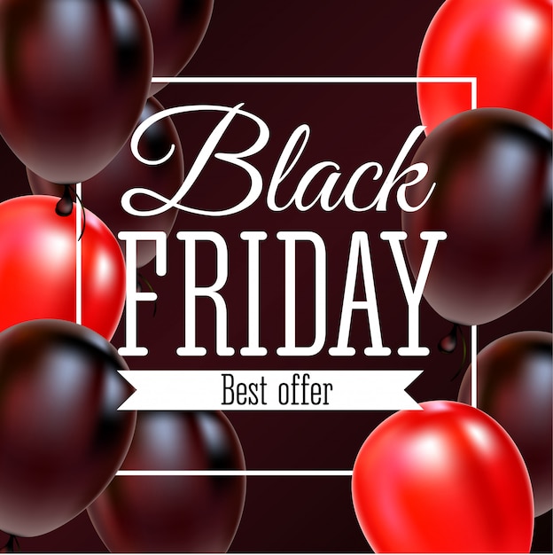 Black Friday Sale Poster with Shiny Balloons on Black Background with Square Frame.