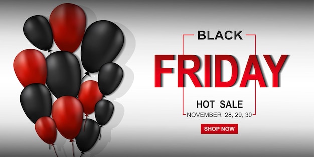 black friday sale poster with shiny balloons confetti and horizontal frame
