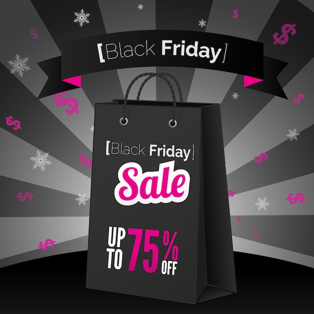 Black friday sale poster with shopping bag and ribbon