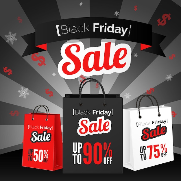 Black friday sale poster with shopping bag and ribbon