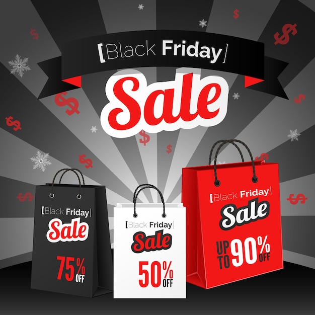 Black friday sale poster with shopping bag and ribbon