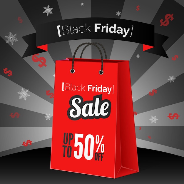 Black friday sale poster with shopping bag and ribbon
