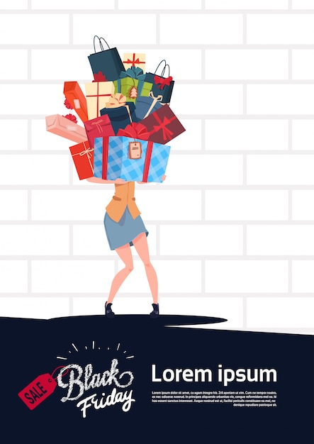 Vector black friday sale poster with woman holding gift boxes stack over white brick wall background