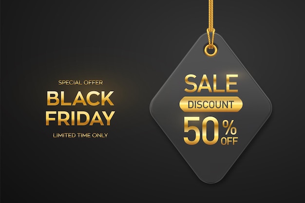 Vector black friday sale price tag. black tag hanging on gold rope. discount label on black background. black friday design, advertising, marketing price tag. realistic 3d vector illustration.