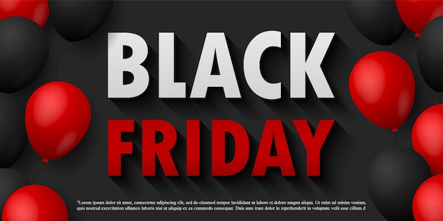 Poster o banner di promozione della vendita del black friday con palloncini lucidi su sfondo nero, promozione di eventi di grande vendita e modello di acquisto isolato