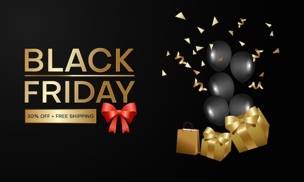 블랙 프라이데이 세일 (Black Friday Sale) 은 선물과 풍선이 담긴 현실적인 블랙 프리데이 세이블 배너이다.