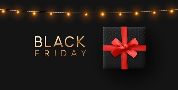 Black Friday Sale. Realistic black gift box with red bow. Banner, web poster, logo golden color on dark background. vector illustration