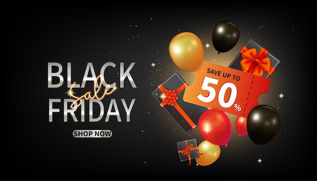 Black friday sale sale ad on black background with balloons gifts