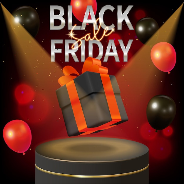 Black friday sale sale ad on black background with balloons gifts