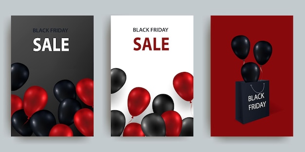 Black Friday Sale set of posters or flyers design with colored balloons and paper bag Vector