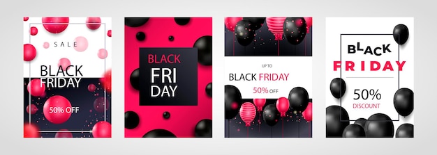 Black friday sale set posters of flyers ontwerpen met ballonnen en confetti