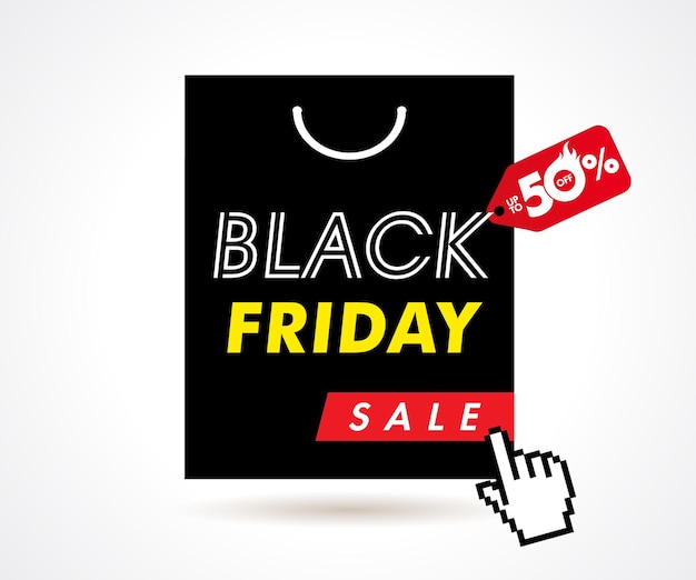 Vettore shopping bag in saldo del black friday con il 50% di sconto sull'etichetta del prezzo. testo dell'offerta speciale.