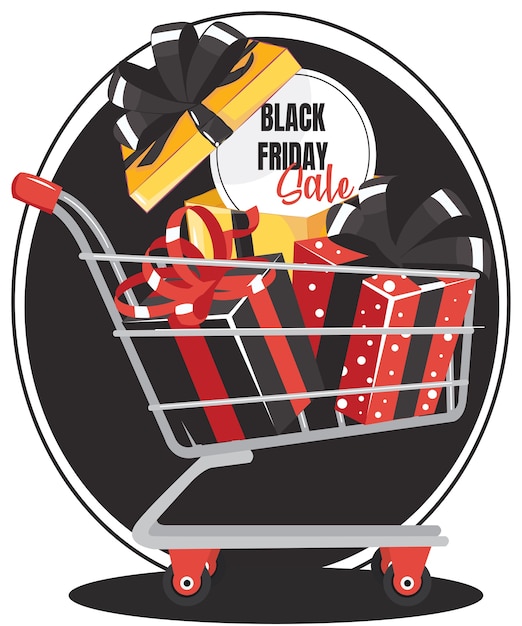 A black friday sale sign in a shopping supermarket cart trolley with gift box