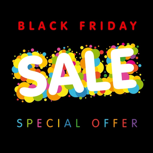 Black Friday Sale special offer advertising banner. Colorful word S A L E, creative design.