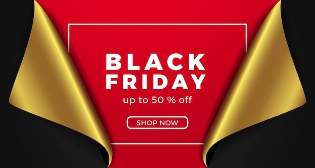 Black friday sale special offer discount banner with 3d paper present gift with golden and red color.