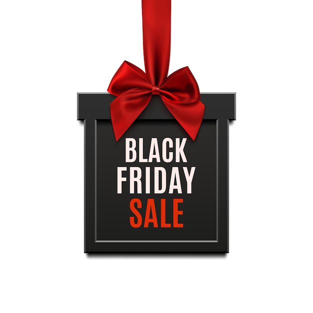 검은 금요일 판매, 빨간 리본 및 활, 흰색 배경에 고립 된 크리스마스 선물의 형태로 사각형 배너. 브로셔, 배너 또는 포스터 템플릿.