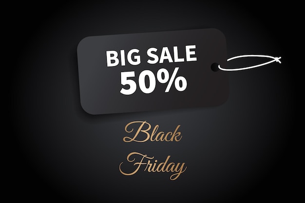 Black Friday sale tag on black background and gold text