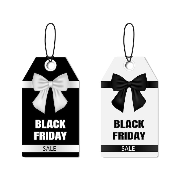 Black Friday sale tags with bows in black and white