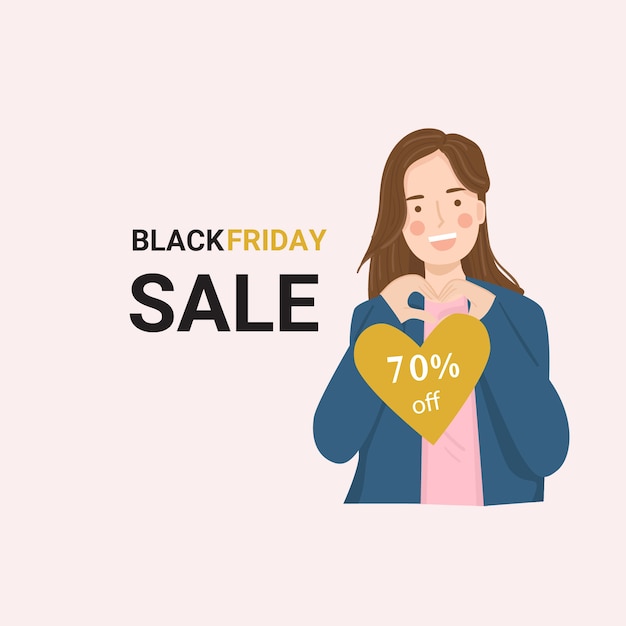 black friday sale template background with Woman making heart sign.