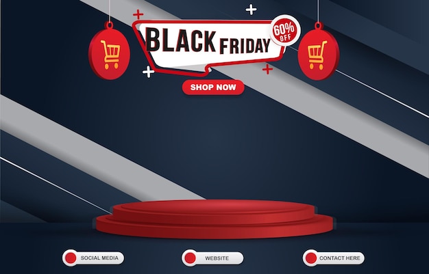 Black friday sale template banner with blank space 3d podium for product sale with abstract blue and red gradient background design