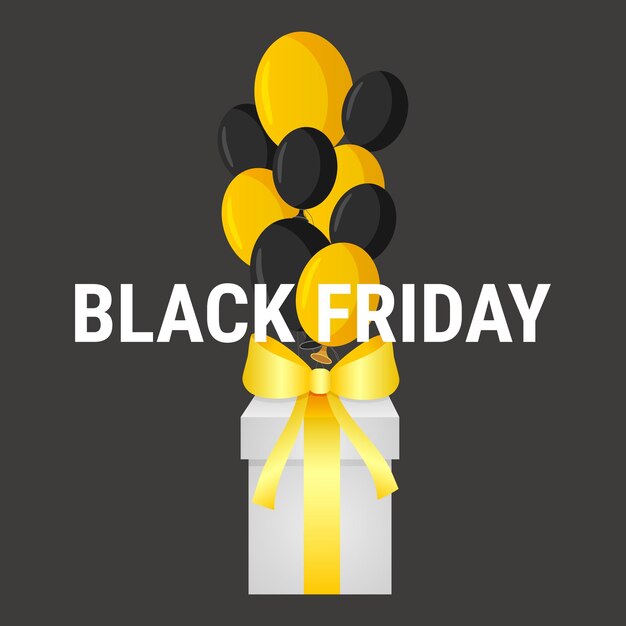 Vector black friday sale template golden and black balloons gift with golden bow on black vector